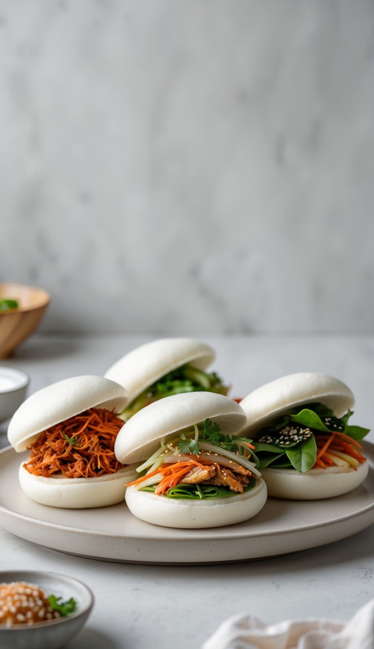 A plate of Asian-inspired bao buns with various colorful fusion fillings arranged neatly on a light ceramic plate.