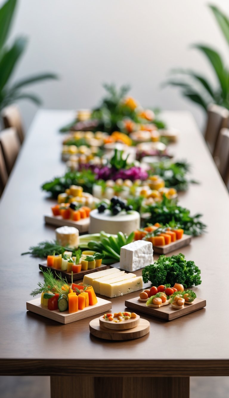 A wooden table with an assortment of colorful appetizers and finger foods arranged neatly without people present.