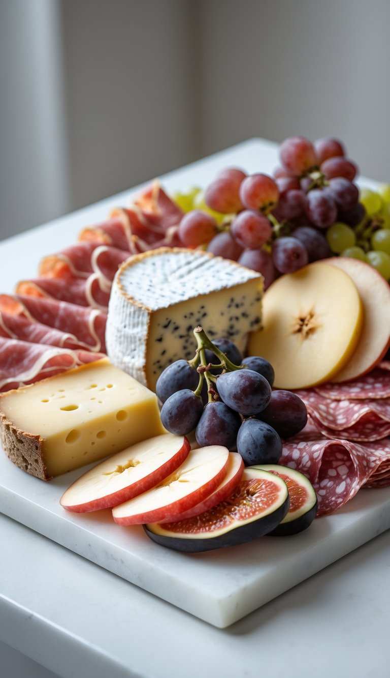 A charcuterie board with assorted cheeses, cured meats, and seasonal fruit arranged on a white surface.