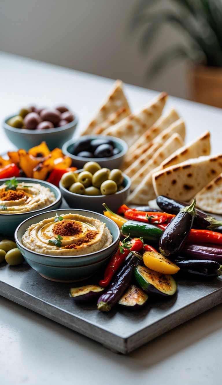 Mediterranean mezze platter with hummus, olives, pita bread, and roasted vegetables on a white surface.