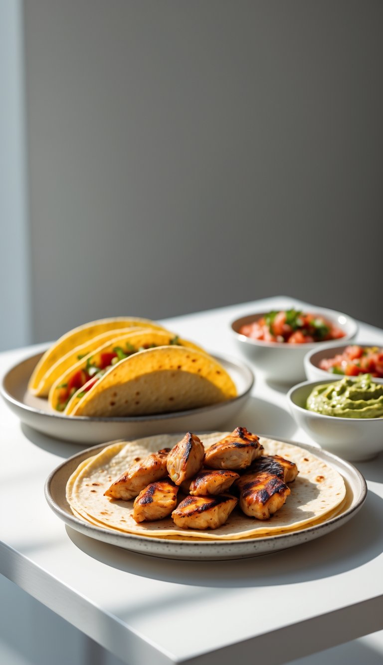 A DIY taco station with soft tortillas, grilled chicken, salsa, and guacamole arranged on a white table.