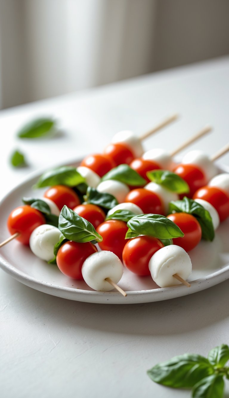 Mini caprese skewers with cherry tomatoes, mozzarella, and basil arranged on a white platter.