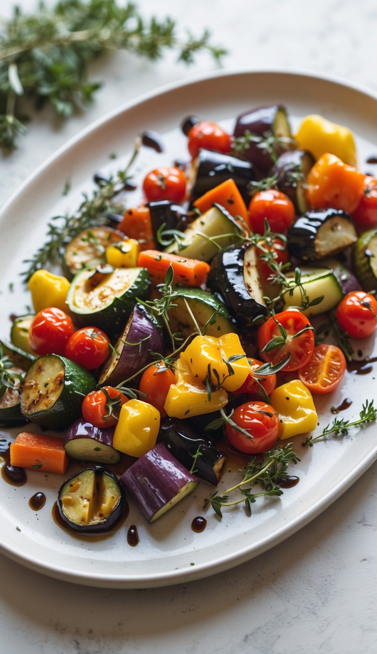 A platter of roasted vegetables drizzled with balsamic glaze and garnished with fresh herbs.