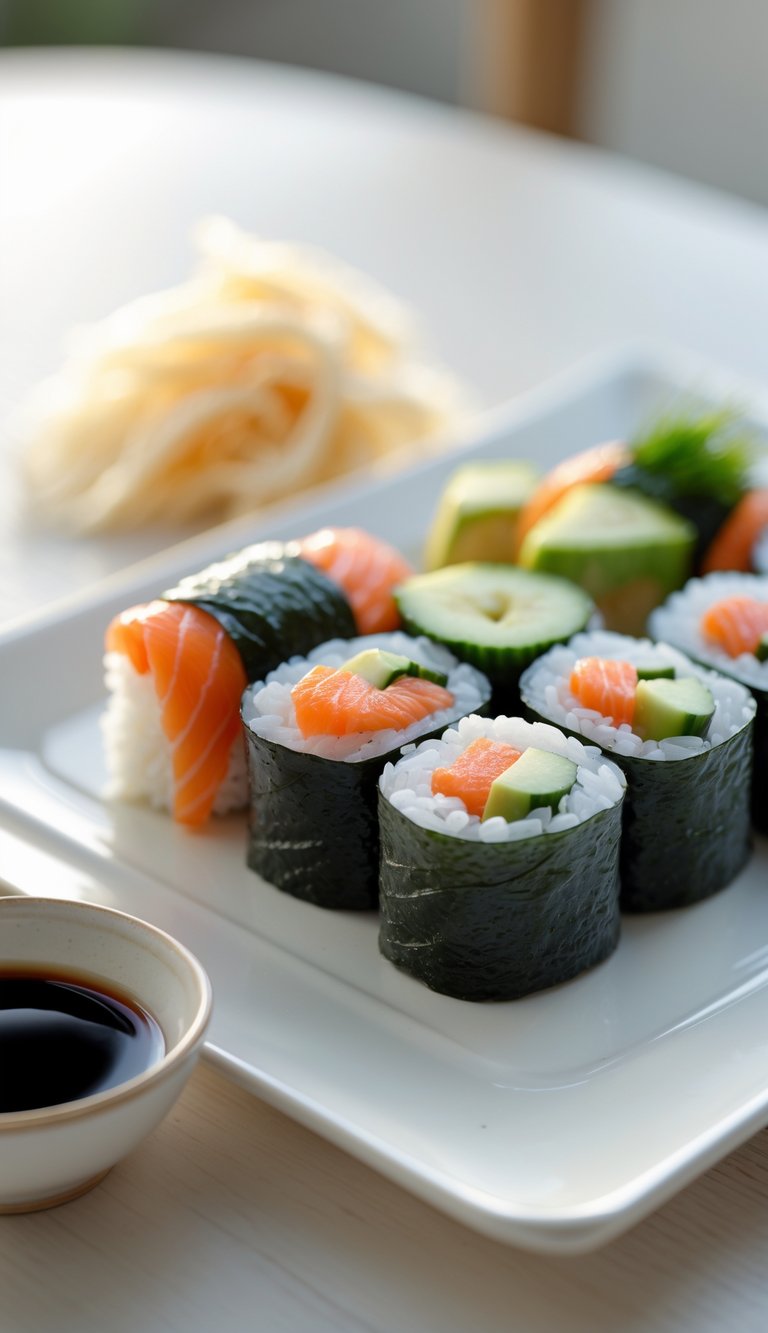 Close-up of sushi rolls on a white plate with soy sauce and pickled ginger on a wooden table.