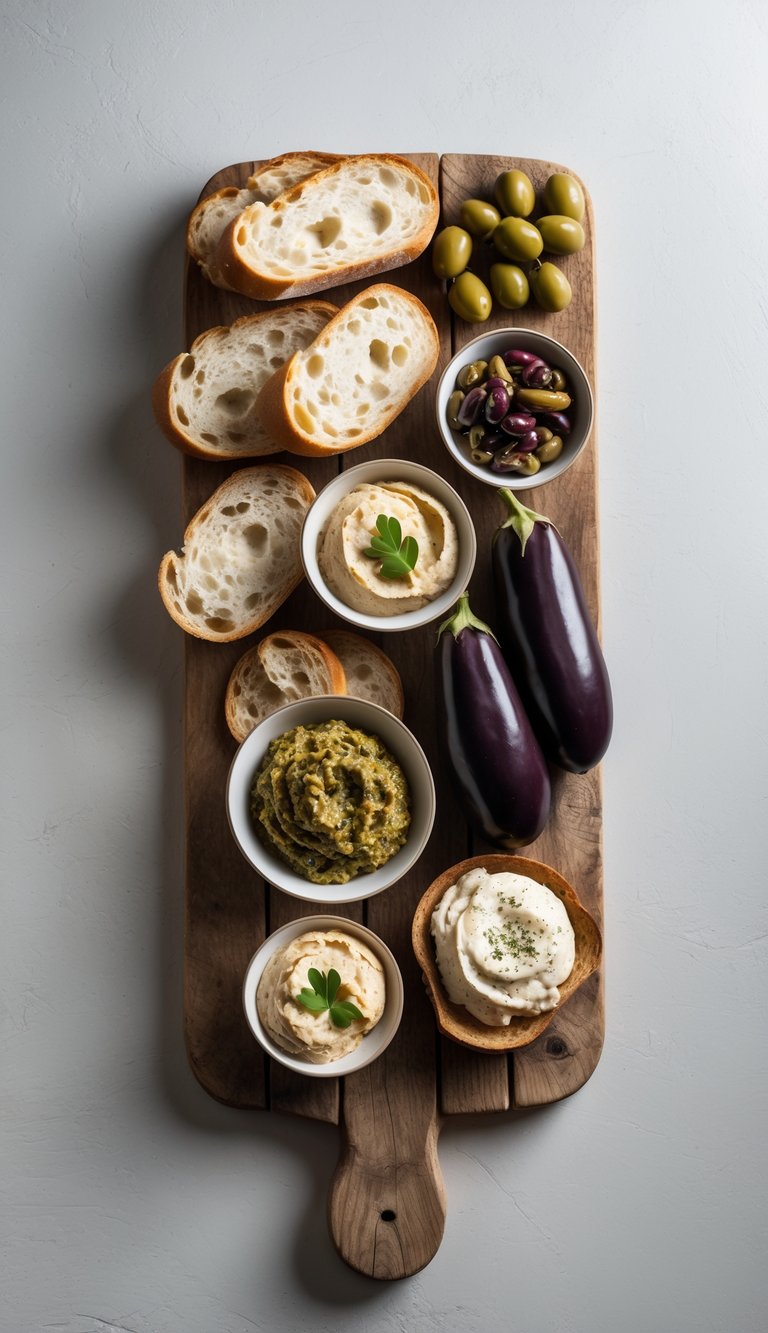 Rustic wooden bread board with assorted dips including olive tapenade and baba ganoush, accompanied by slices of crusty bread.