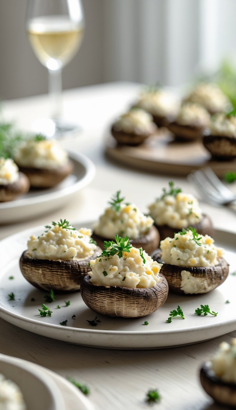 Close-up of stuffed mushrooms filled with cream cheese, garlic, and herbs on a white plate on a wooden table.