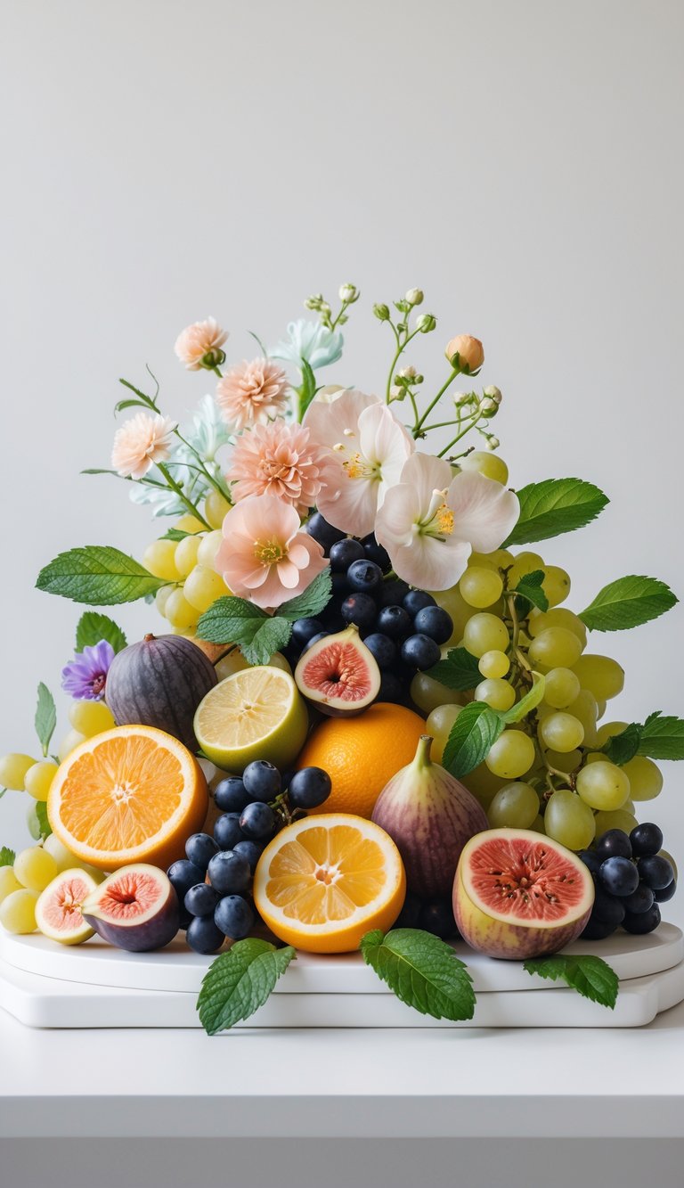 A seasonal fruit display with sliced citrus, berries, grapes, figs, edible flowers, and fresh mint leaves arranged on a white surface.