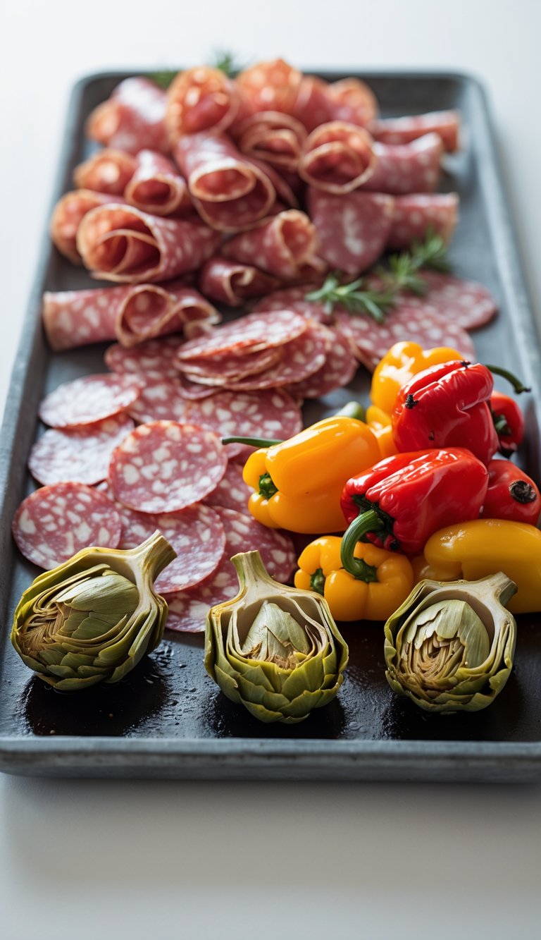 A close-up of an antipasto tray with marinated artichokes, sliced salami, and roasted peppers arranged on a white surface.