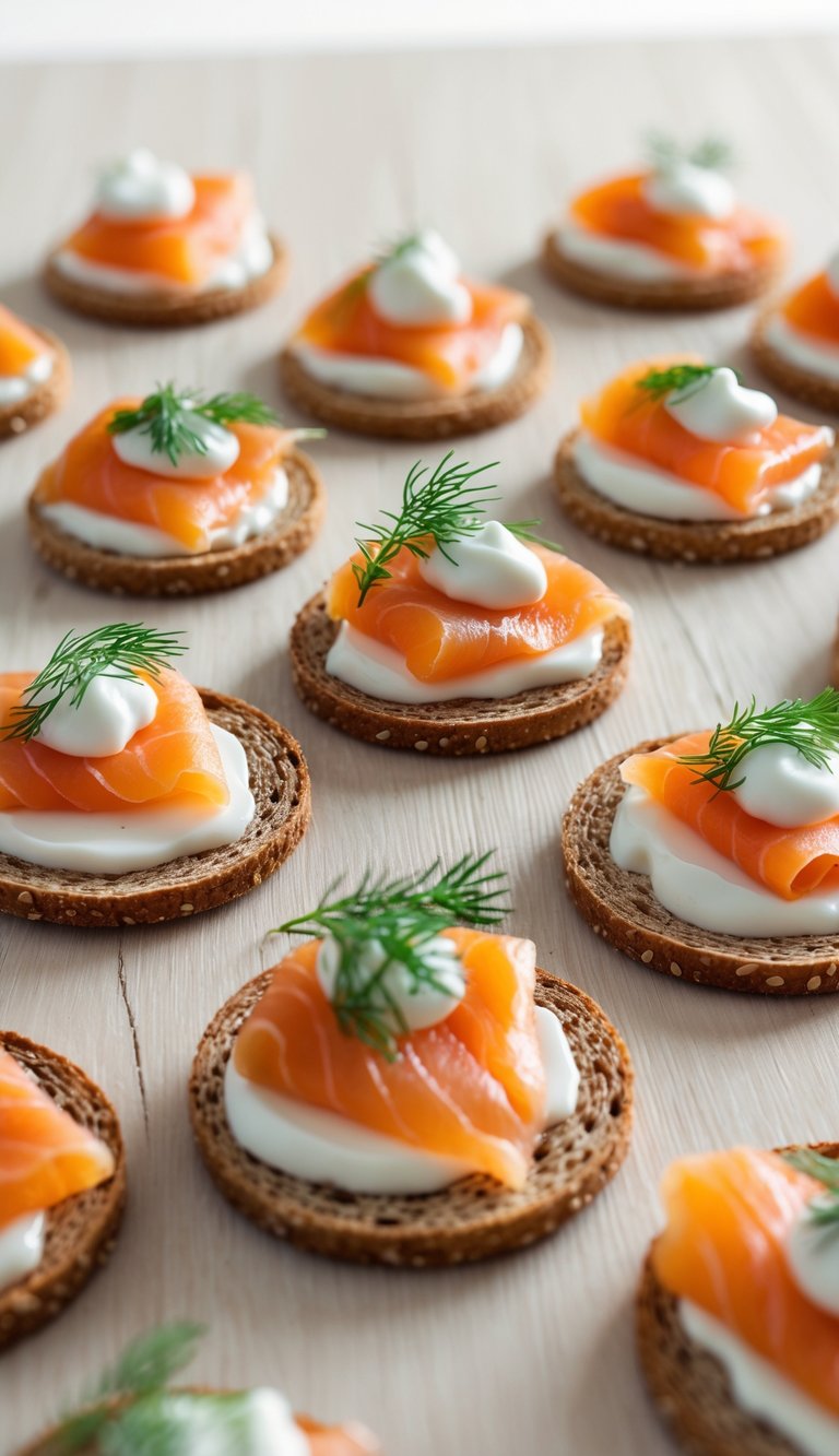 Close-up of rye bread rounds topped with smoked salmon, crème fraîche, and dill on a wooden surface.