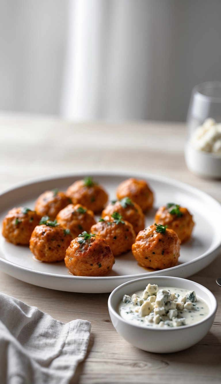 A plate of buffalo chicken meatballs with a small bowl of blue cheese dipping sauce on a wooden table.