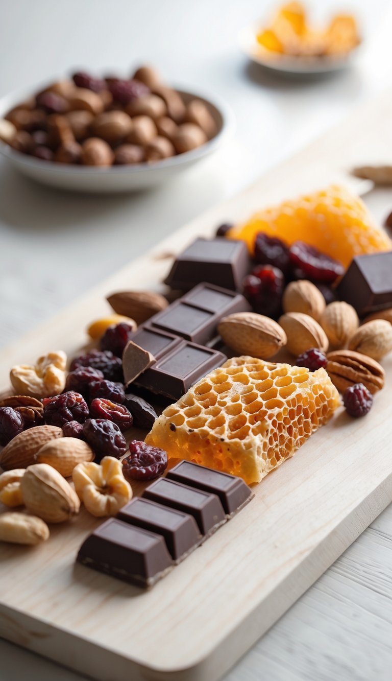 A grazing board with nuts, dried fruits, dark chocolate, and honeycomb arranged on a wooden surface.