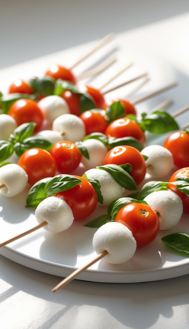 Close-up of Caprese skewers with cherry tomatoes, mozzarella, and basil on a white platter.