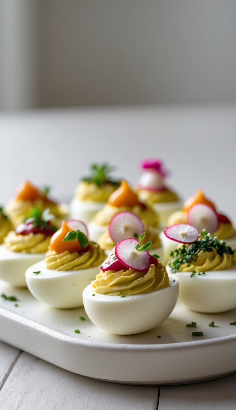 Close-up of deviled eggs with various colorful toppings arranged on a white platter on a wooden table.