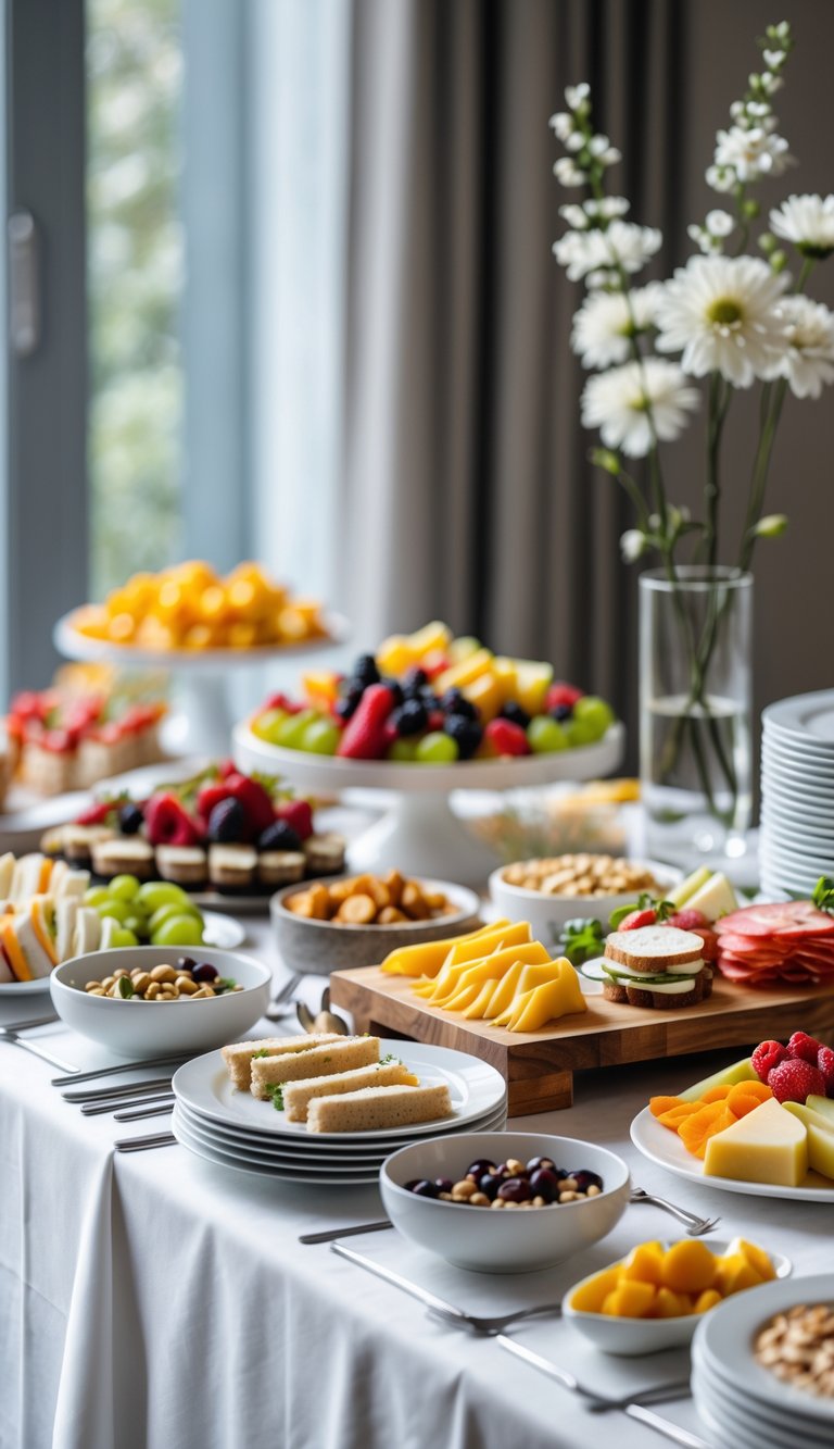 A neatly arranged party food table with finger sandwiches, fruit platters, cheese boards, and small bowls of snacks, set indoors with soft natural lighting.