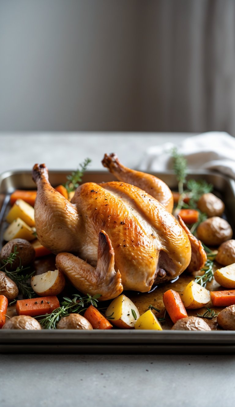 A whole roasted chicken on a sheet pan with roasted vegetables on a clean surface.