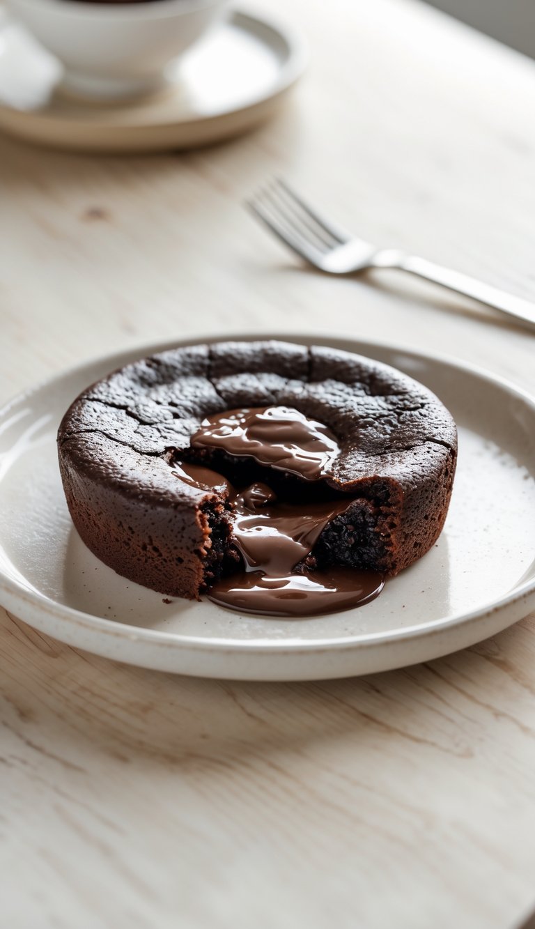 Close-up of a chocolate lava cake on a white plate with molten chocolate flowing out, placed on a wooden table with a fork beside it.