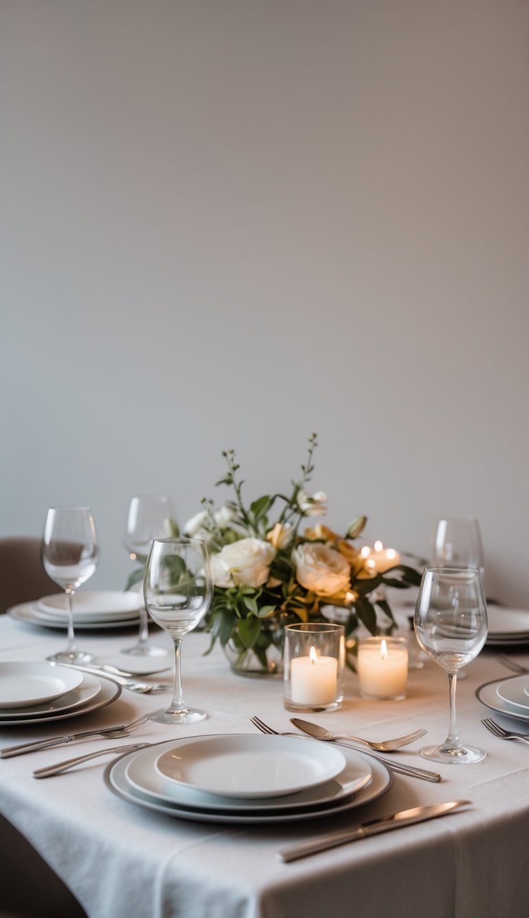 A neatly arranged dining table set for a small dinner gathering with plates, silverware, wine glasses, flowers, and candles.