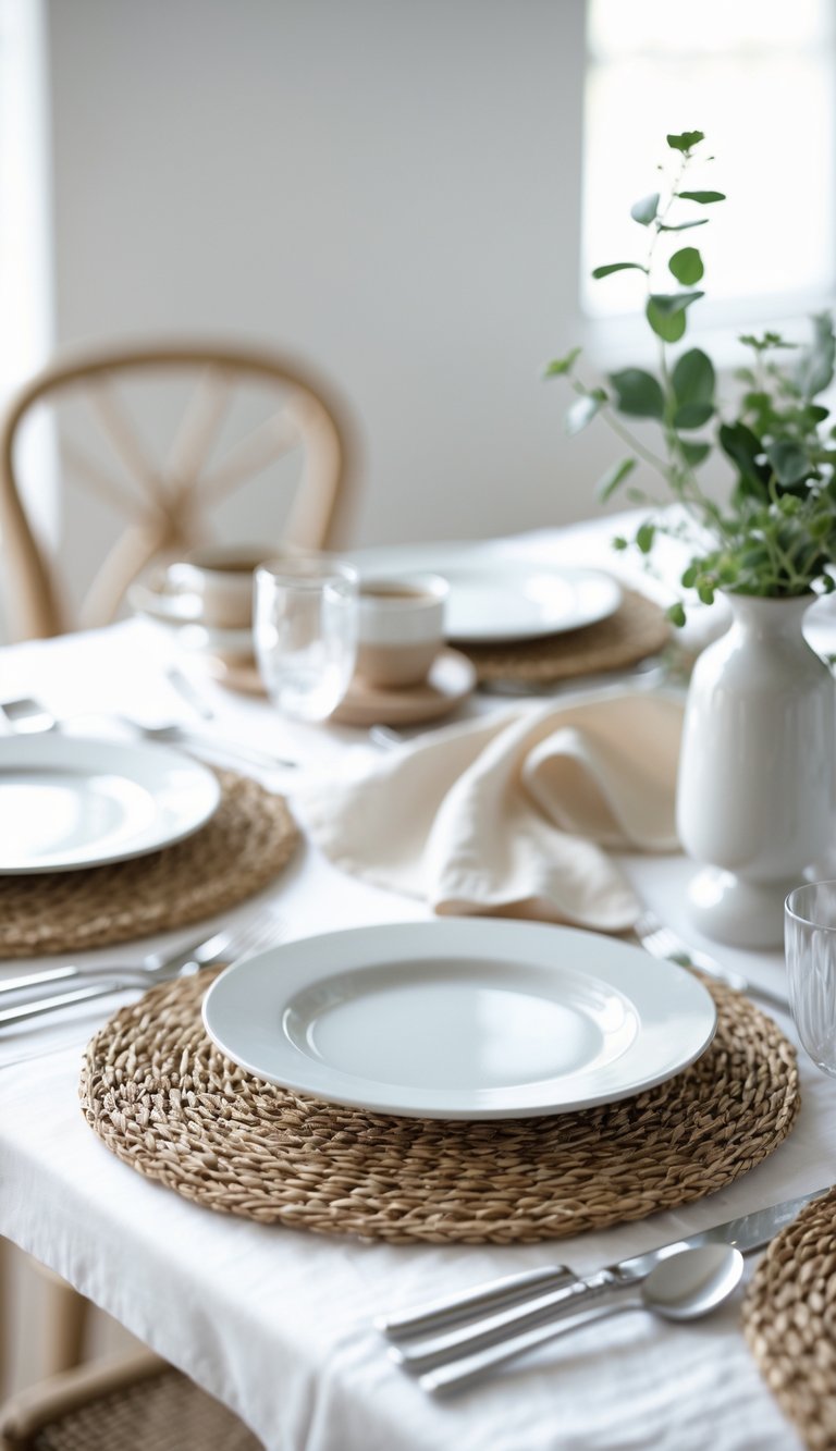 A brunch table with woven placemats, white plates, silver cutlery, clear glasses, and a small vase with greenery.