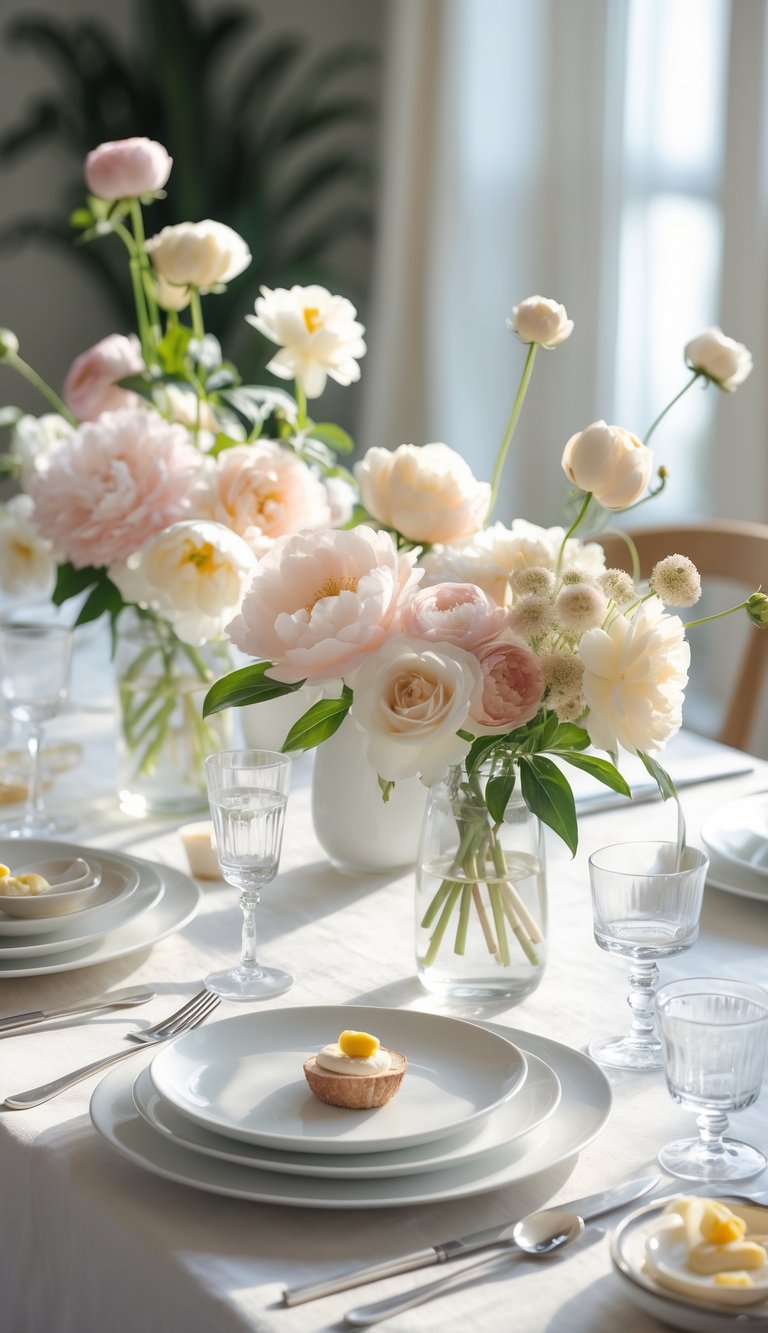 A brunch table with soft pastel floral centerpieces, white plates, clear glasses, and silver cutlery arranged neatly on a clean surface.