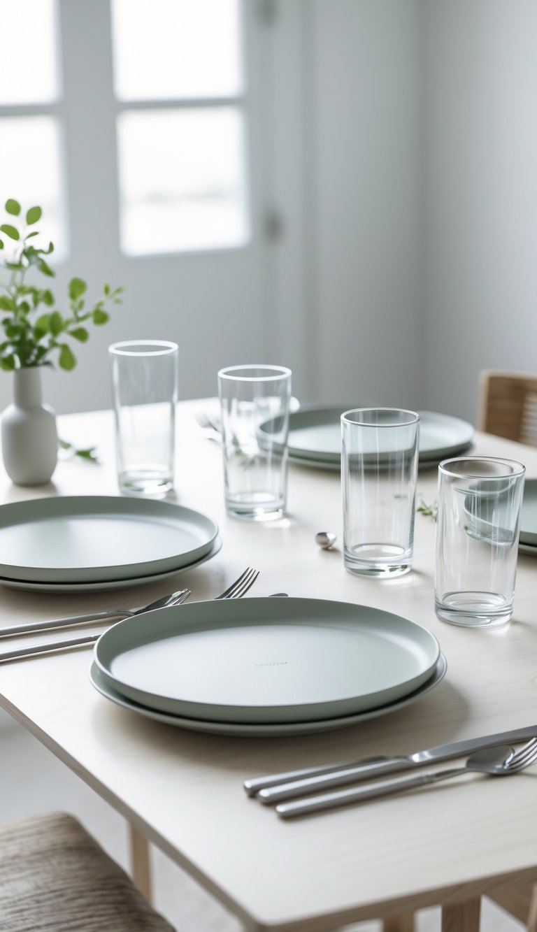 A neatly set brunch table with melamine plates and clear acrylic glasses on a light wooden surface, accompanied by simple silverware and a small vase with greenery.