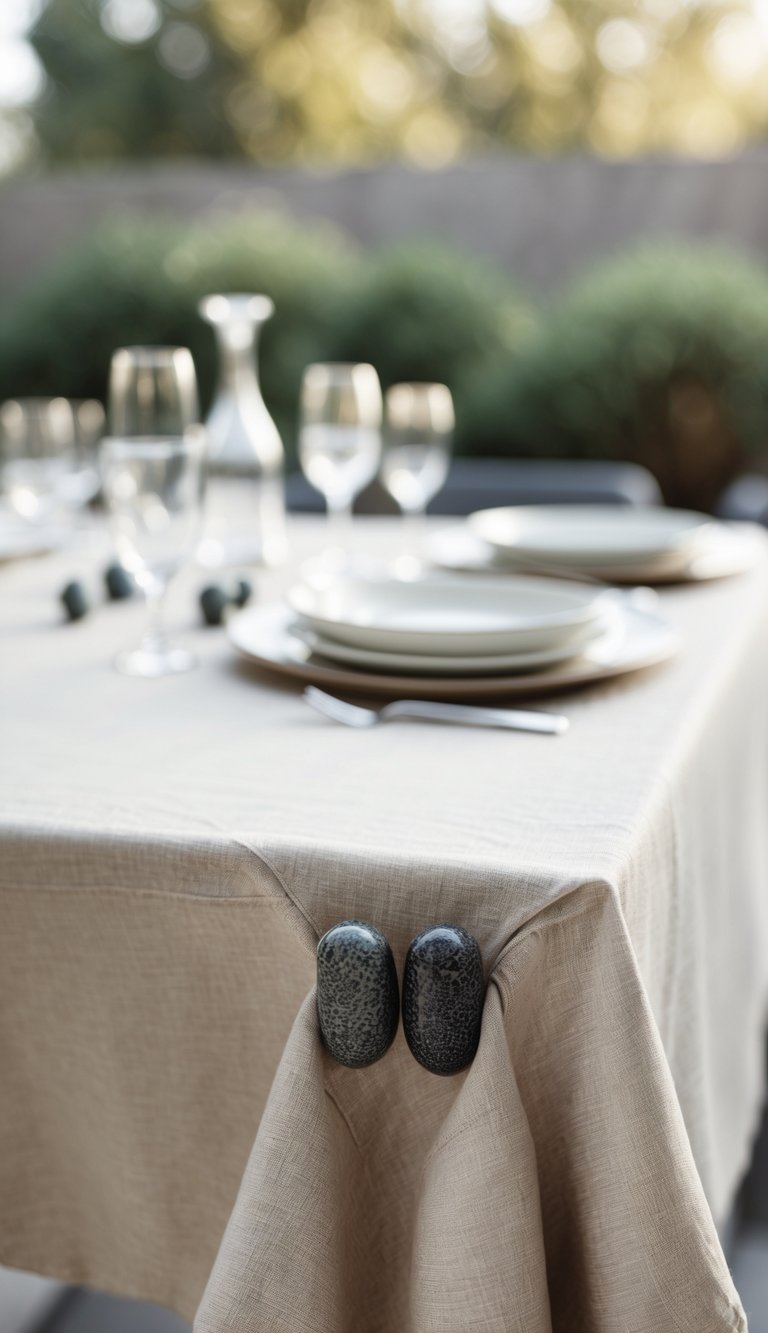 Outdoor brunch table with a light tablecloth secured by weighted objects, set with plates and glasses in a garden setting.