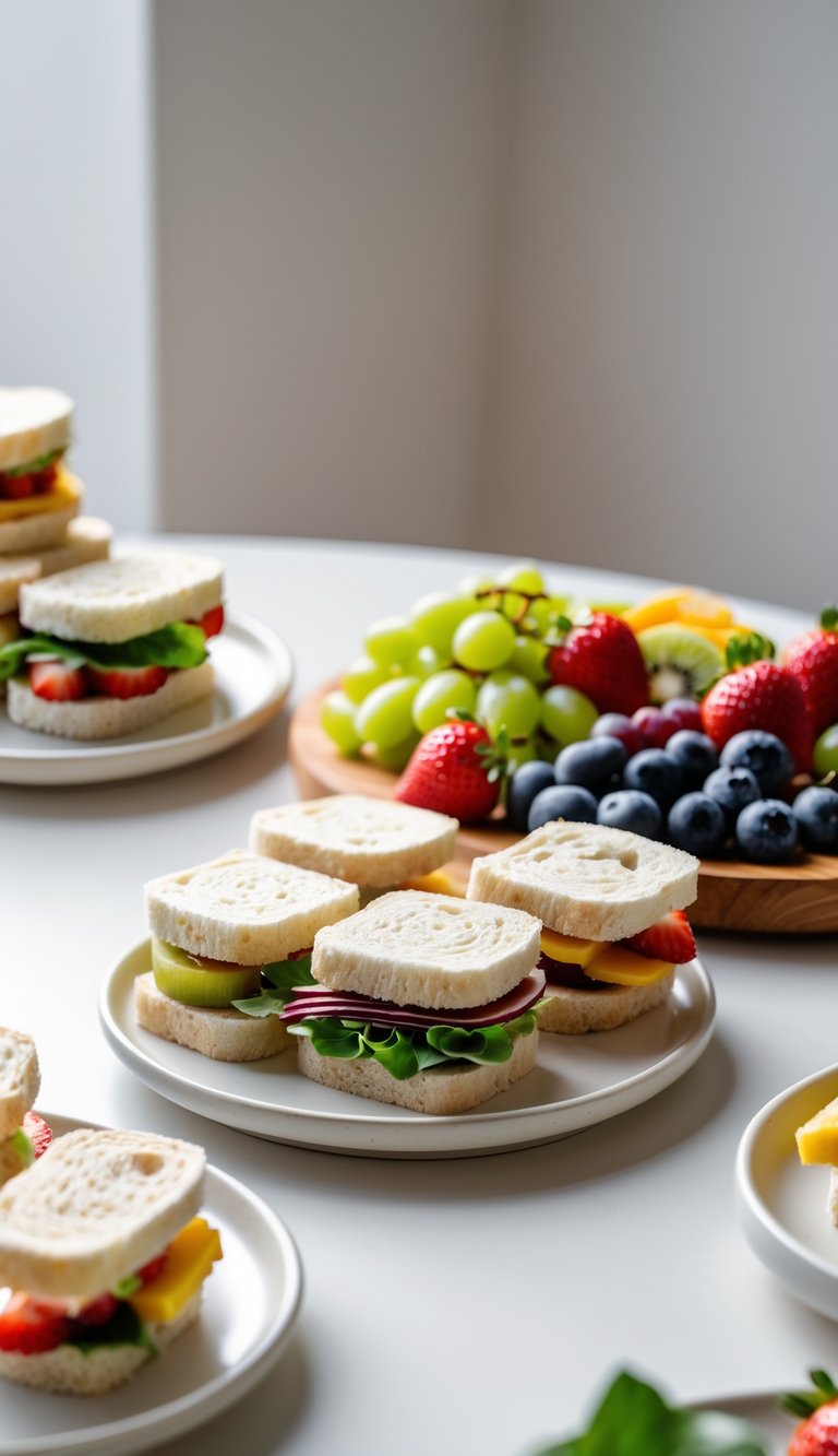 Brunch table with mini sandwiches on a white plate and a wooden platter of fresh fruit including strawberries, blueberries, kiwi, and grapes.