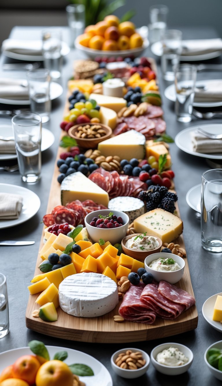 A brunch table with a central grazing board filled with fruits, cheeses, meats, nuts, and dips, surrounded by plates, cutlery, and glasses.