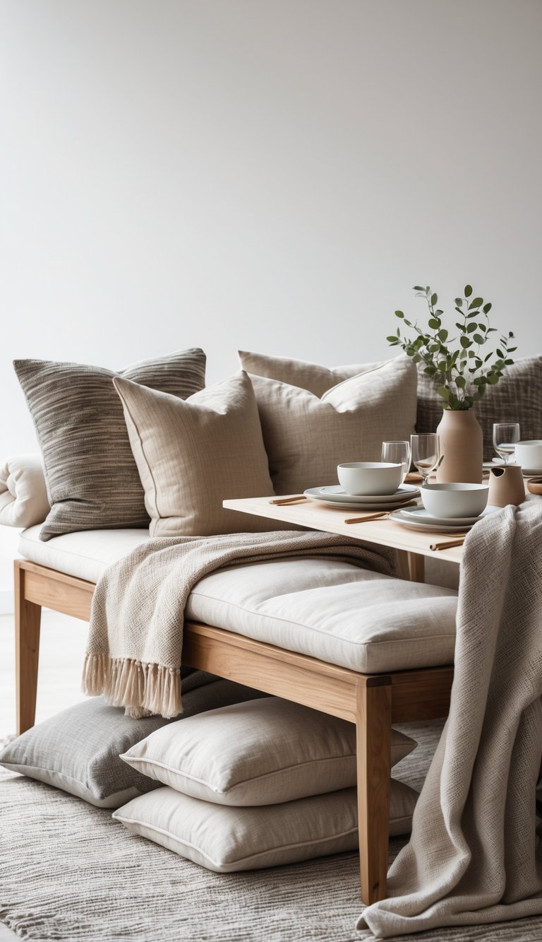 A brunch table with bench seating decorated with throw pillows and blankets, set with plates, glasses, and a small vase of greenery.