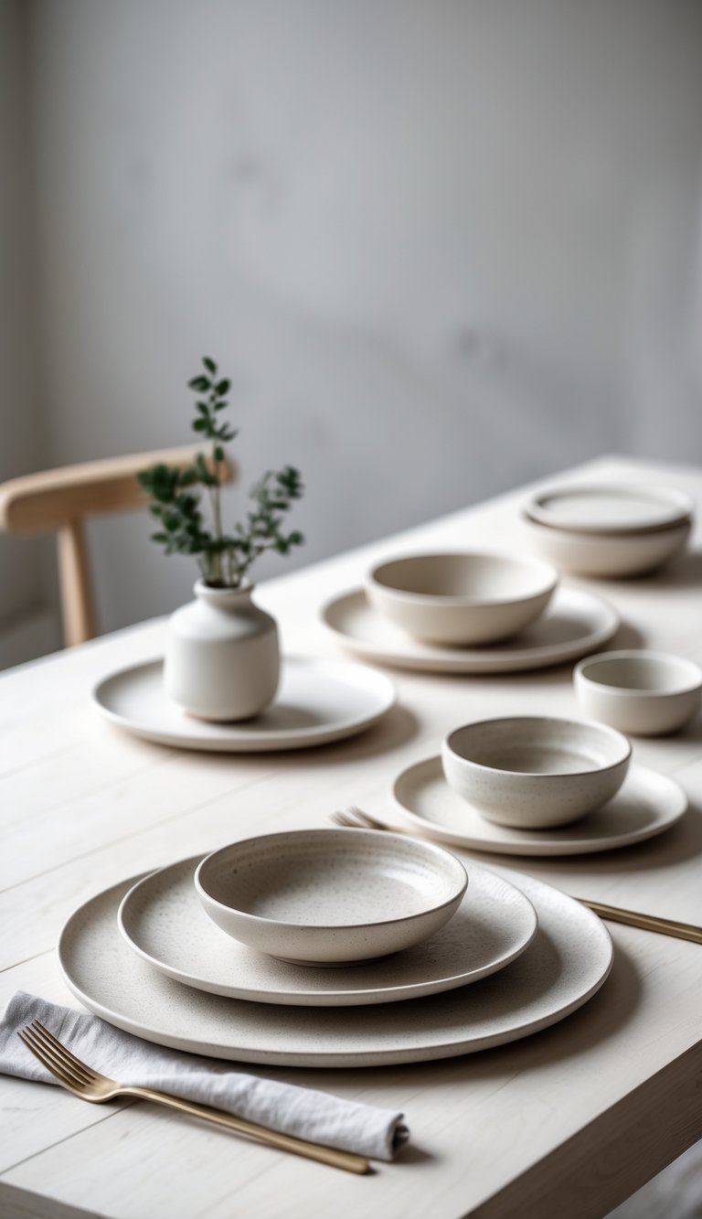 Brunch table with ceramic plates, bowls, cups, a small vase with greenery, and a linen napkin on a light wooden surface.