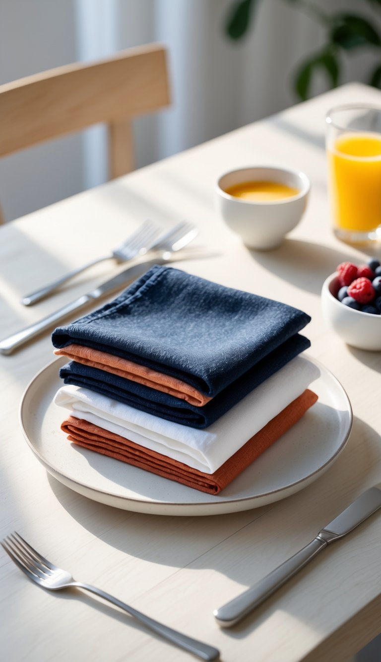 A brunch table with layered cloth napkins in contrasting colors placed on a white plate, accompanied by a glass of orange juice, a bowl of berries, and silverware on a wooden table.