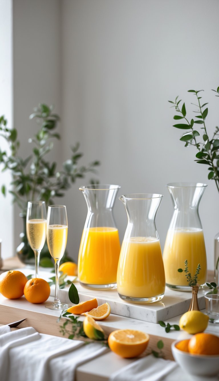 Brunch table setup with a juice and mimosa bar including glass carafes, champagne flutes, fresh citrus fruits, and small vases with greenery.