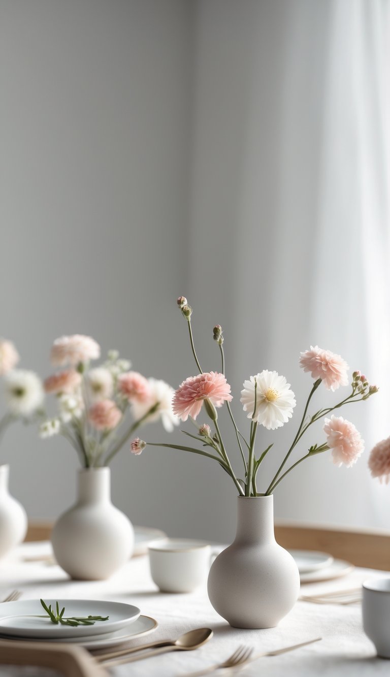 A brunch table with small vases holding seasonal flowers arranged neatly on a clean, simple surface.