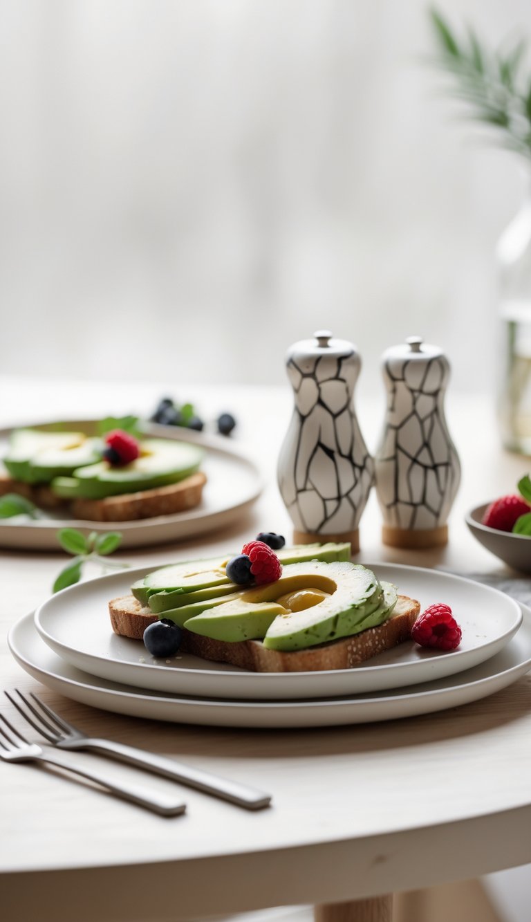 A brunch table with a plate of avocado toast and fresh berries, accompanied by unique salt and pepper shakers on a light wood surface.