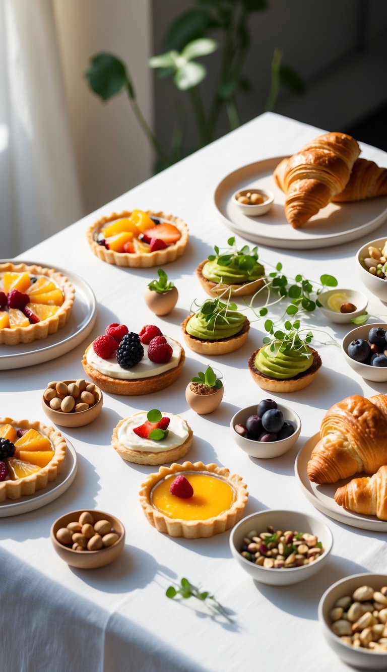 A brunch table with a variety of small sweet and savory bites arranged neatly on a white tablecloth.