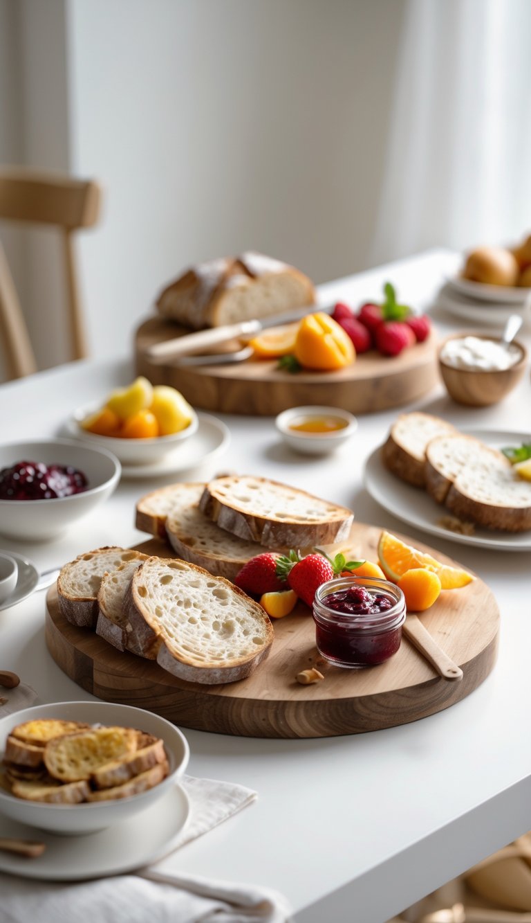 A brunch table with wooden serving boards holding bread, fruits, and small bowls of spreads on a white surface.
