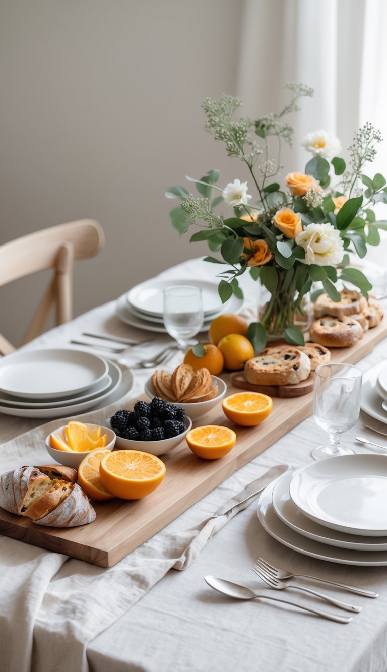 A neatly arranged brunch table with plates, glasses, cutlery, fresh fruits, pastries, and a vase of flowers on a neutral tablecloth.