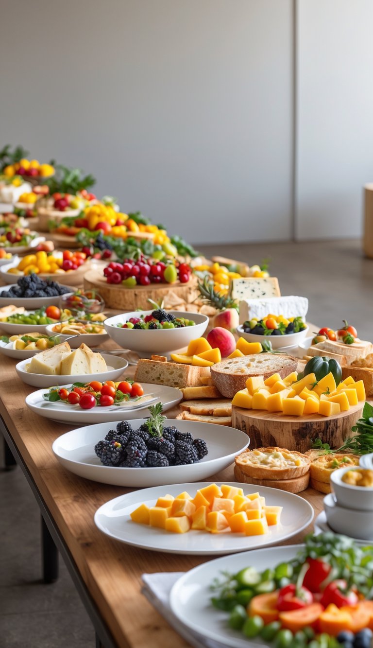 A neatly arranged food table with various fresh fruits, cheeses, breads, and appetizers displayed on white platters and bowls.