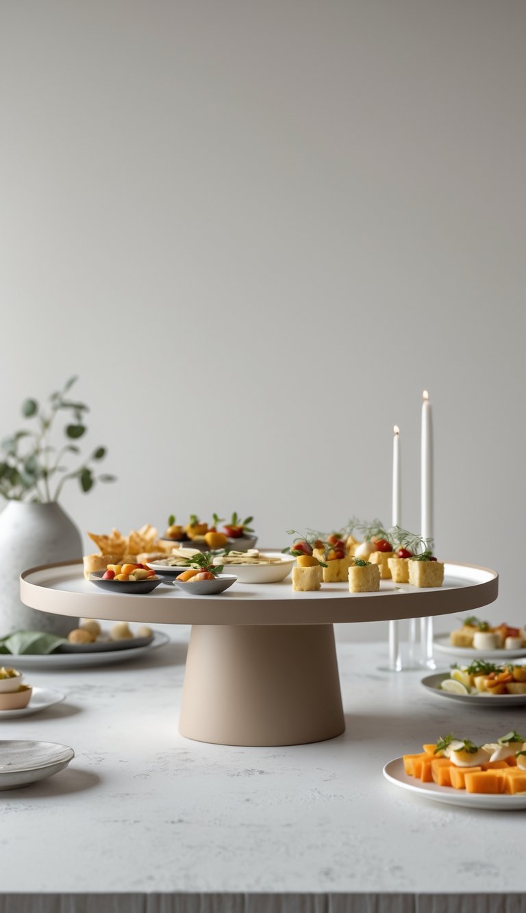 An elevated serving tray on a clean table holding an assortment of appetizers in a simple food setup.