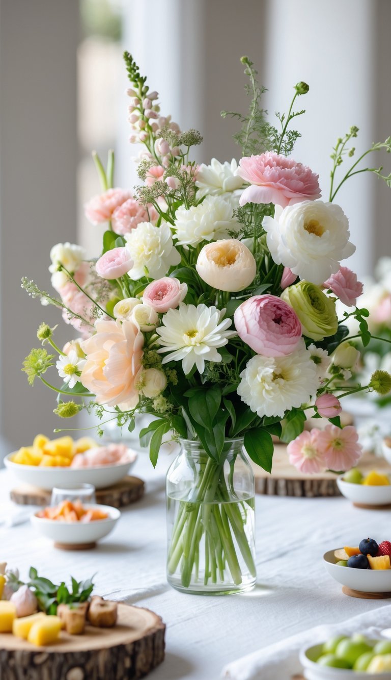 A fresh floral centerpiece with pastel flowers on a neatly arranged food table with white linens and small bowls of appetizers.