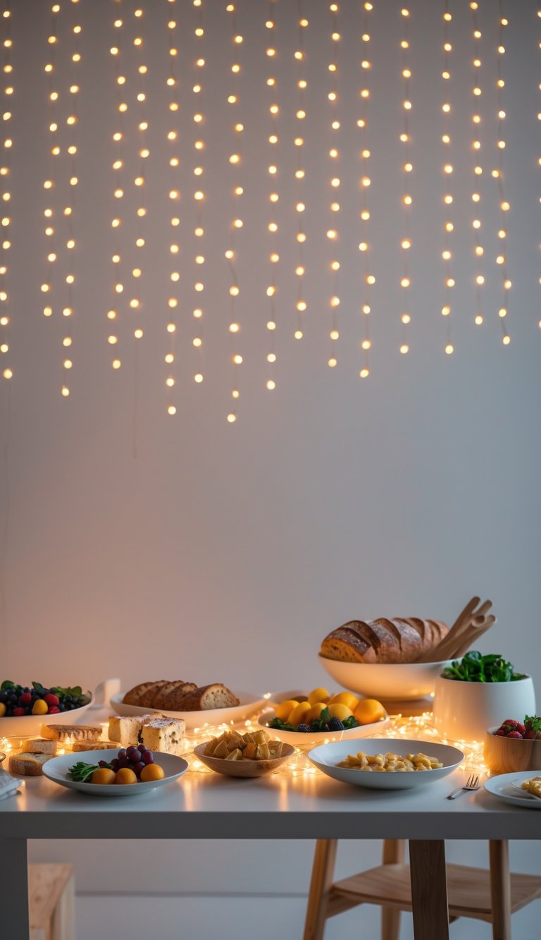 A food table with fresh fruits, bread, cheeses, and appetizers illuminated by warm LED string lights.