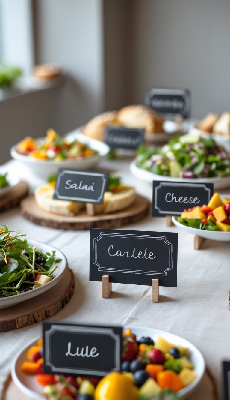 A food table setup with various dishes and small black chalkboard labels on wooden stands placed beside each dish.
