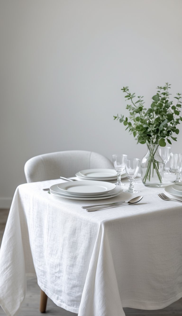 A dining table set with a white linen tablecloth, white plates, clear glasses, silver cutlery, and a small green centerpiece.
