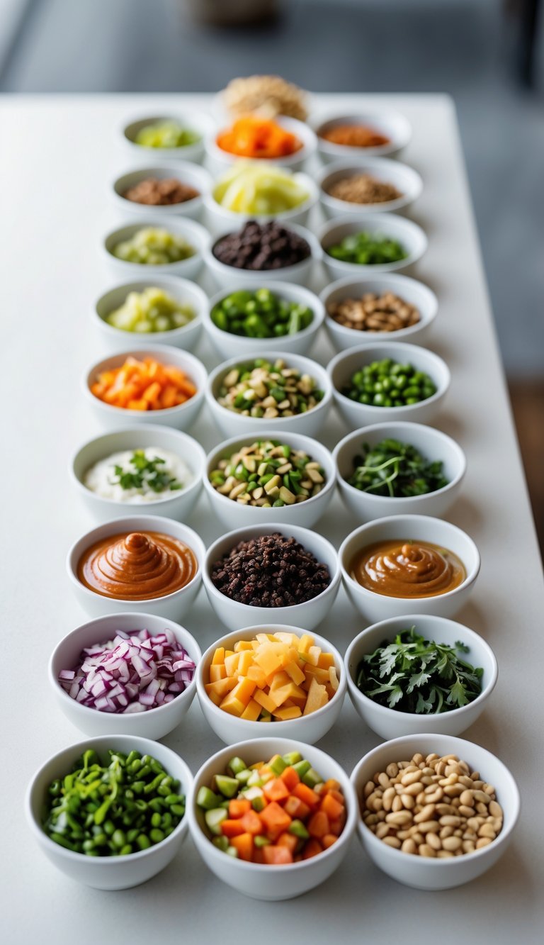 A clean and organized food table with various bowls of fresh ingredients for a build-your-own bar setup.
