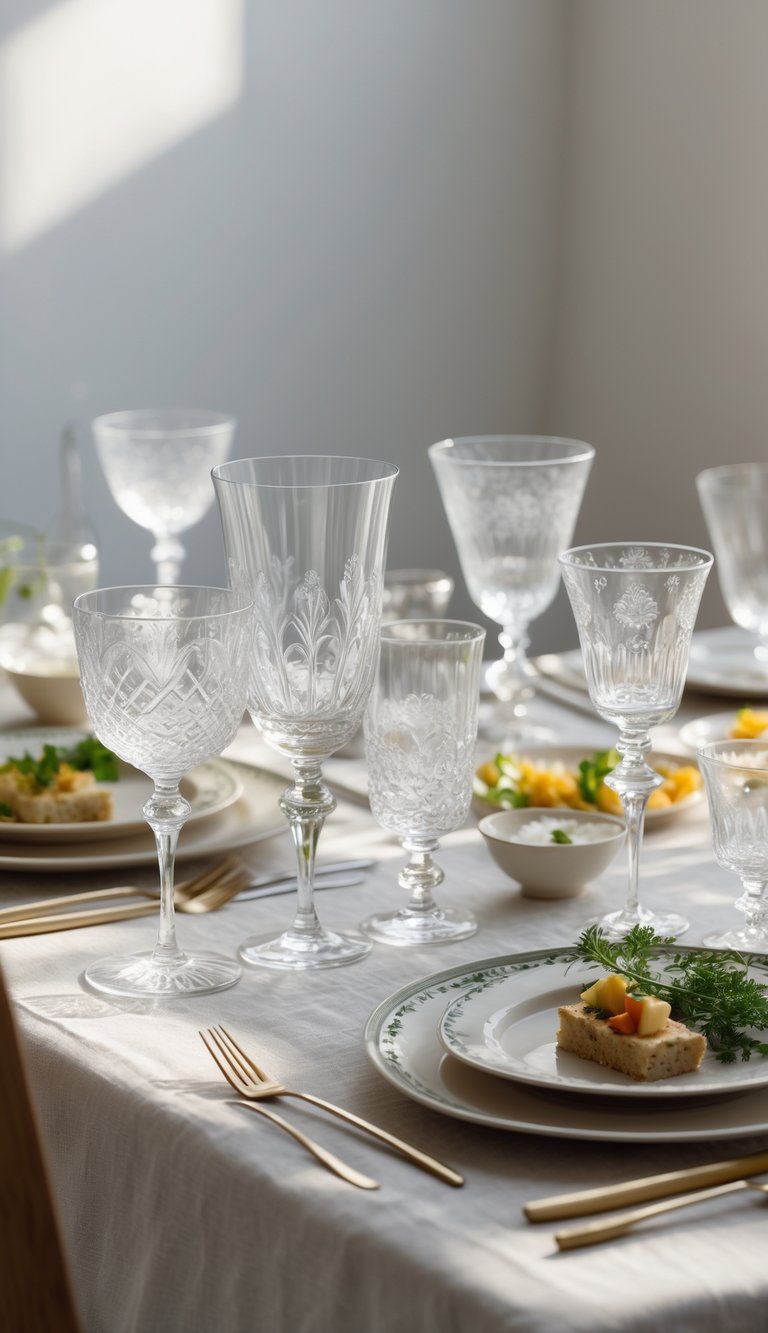 A vintage glassware collection arranged on a food table with plates of appetizers and fresh herbs.