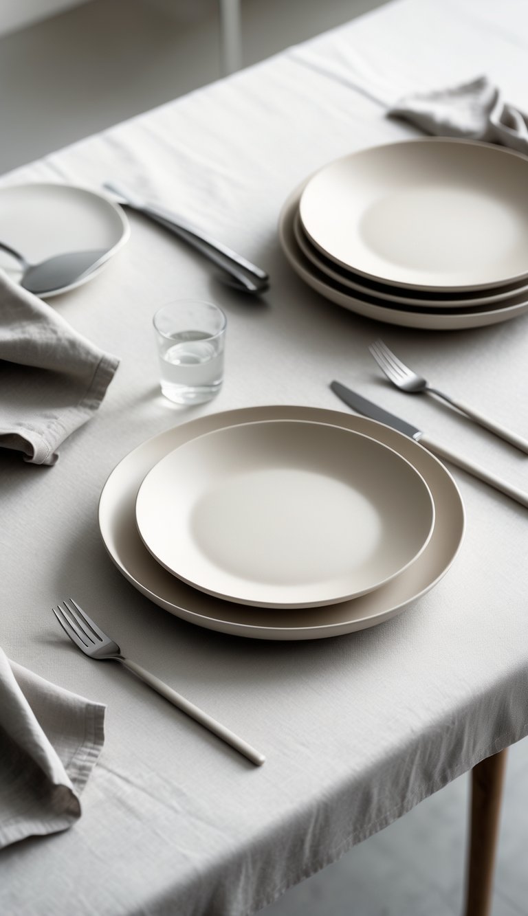 A minimalist dining table with ceramic plates, cutlery, a linen napkin, and a glass on a clean surface.