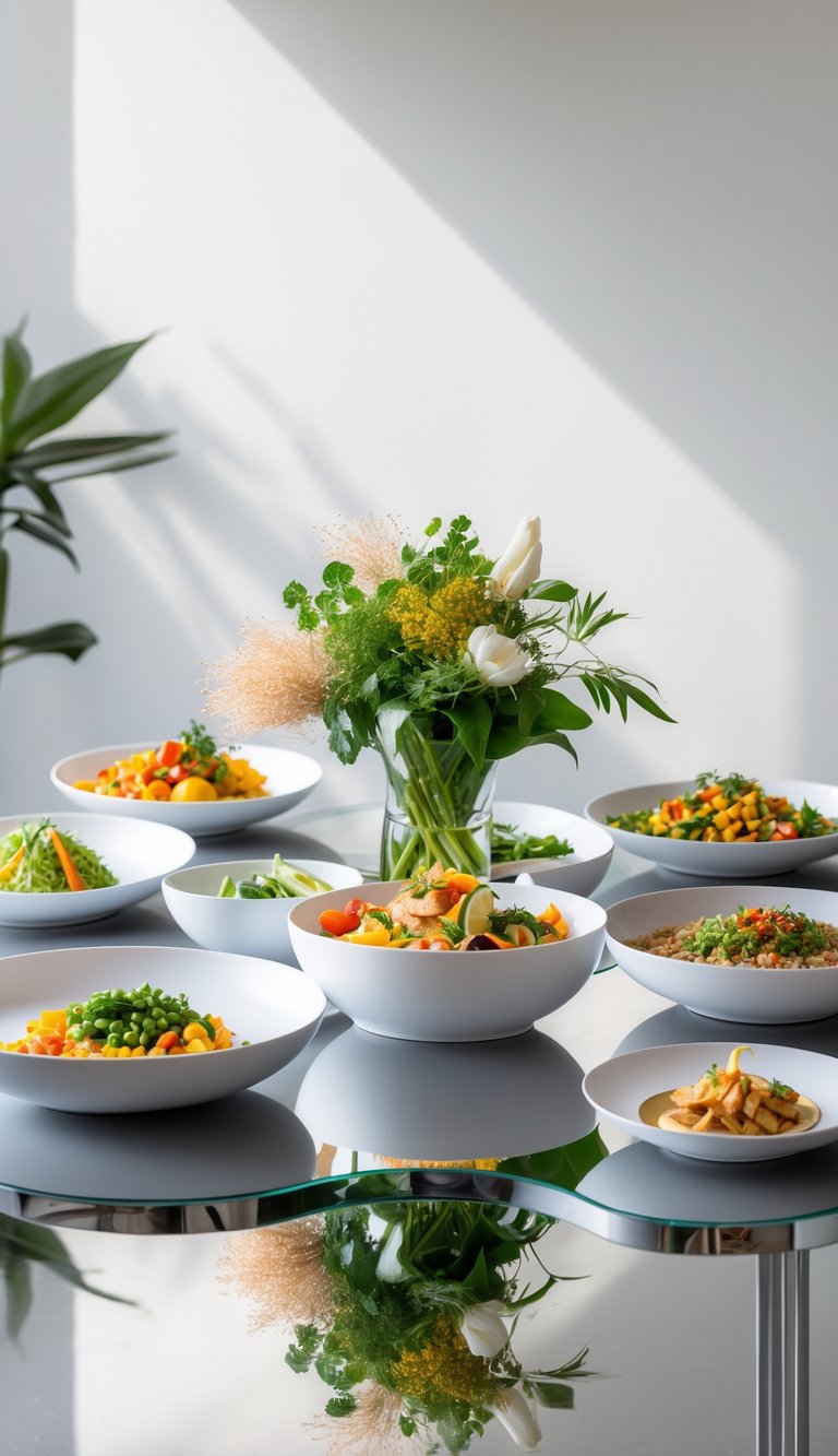 A food table setup with a mirror base reflecting colorful dishes arranged on white plates and bowls.