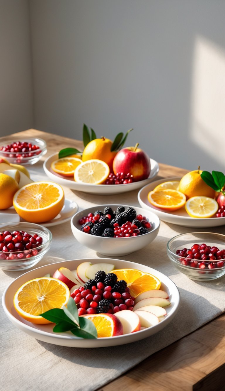 A wooden table with plates and bowls of fresh seasonal fruit garnishes including sliced citrus, berries, and apple slices arranged neatly.