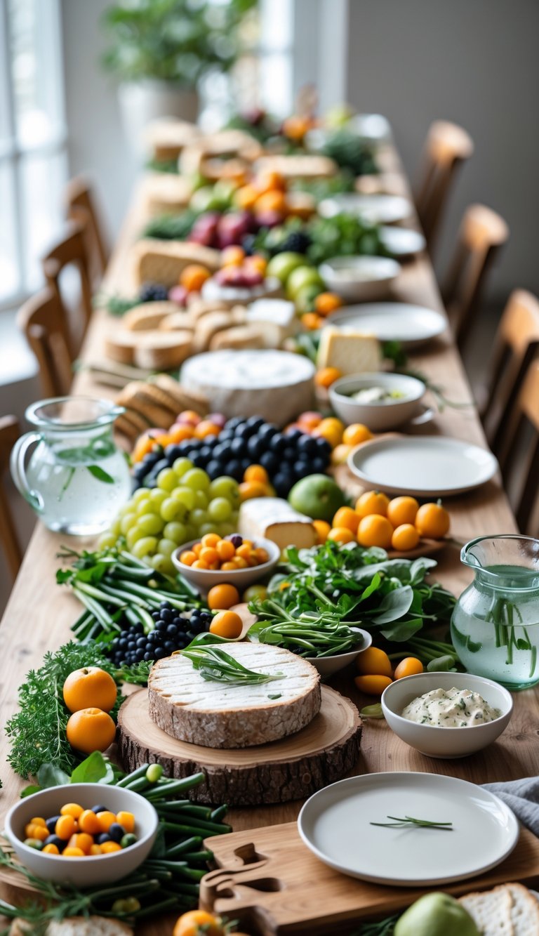 A wooden table with fresh seasonal vegetables, fruits, breads, cheeses, and bowls of dips arranged for a farm-to-table buffet in a softly lit indoor setting.