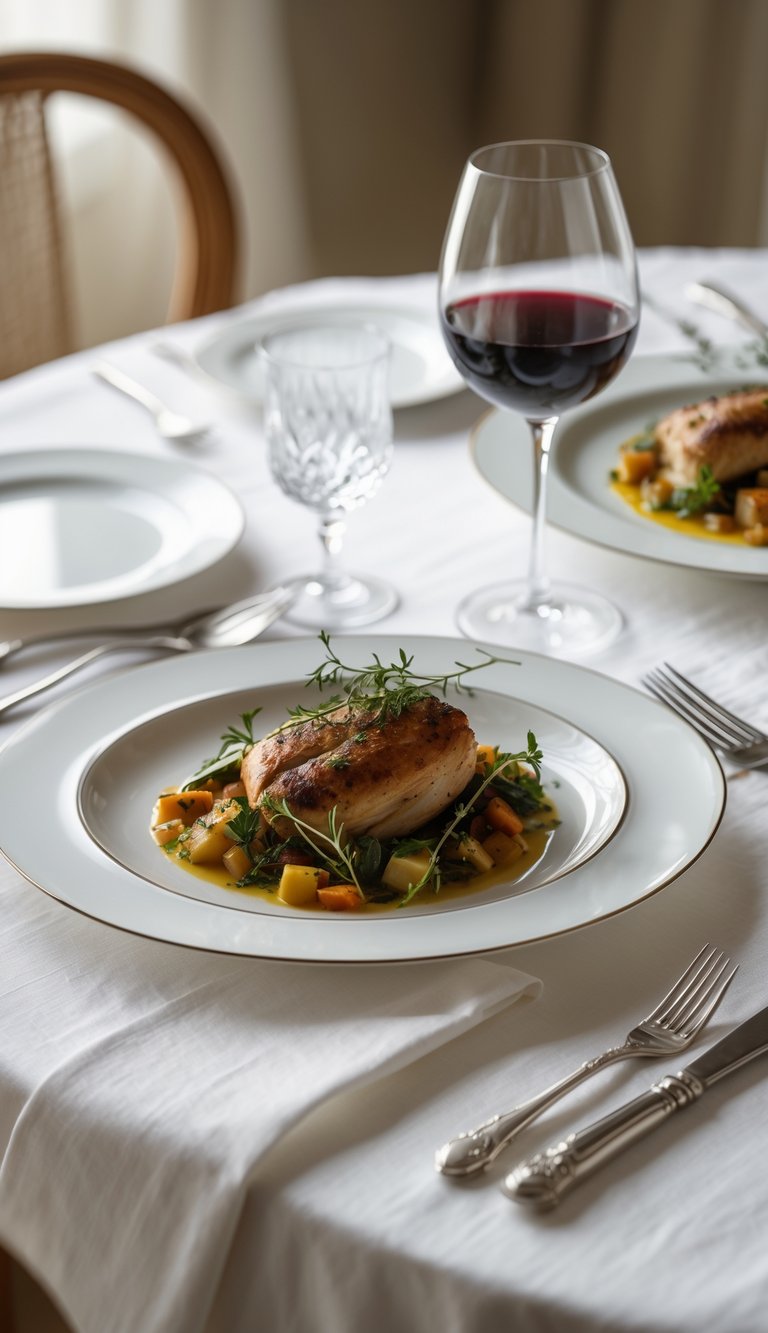A classic French plated dinner with a white plate of food, silver cutlery, and a glass of red wine on a white tablecloth.