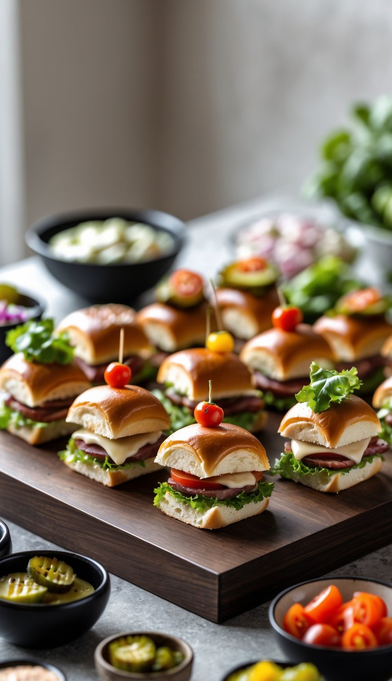 A serving board with an assortment of gourmet sliders and small bowls of condiments arranged for a dinner party.